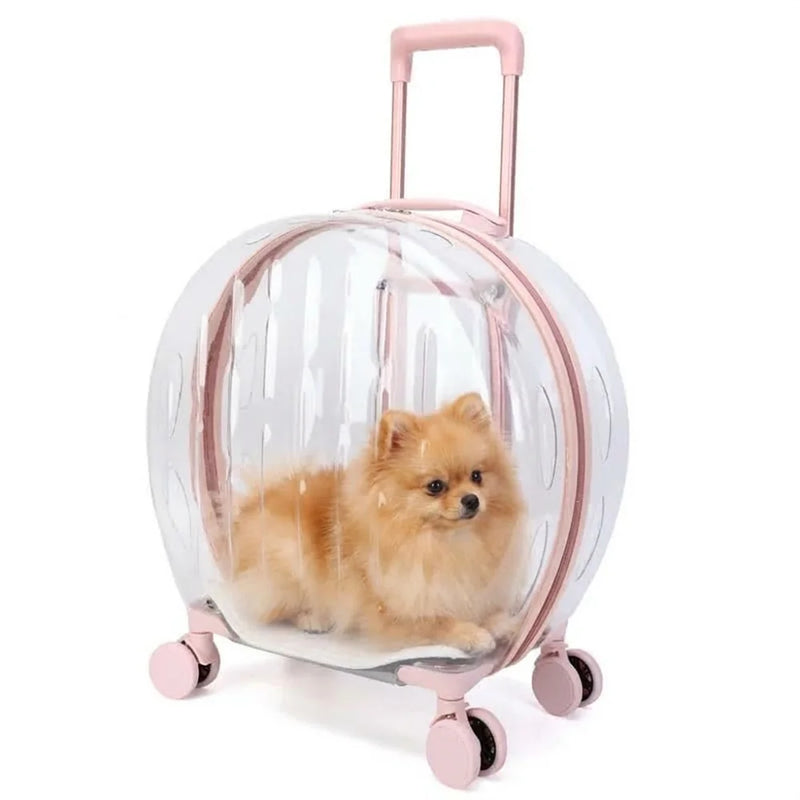 Blush Pink rolling pet carrier with a Pomeranian inside